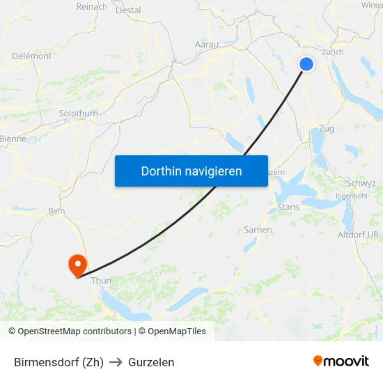 Birmensdorf (Zh) to Gurzelen map