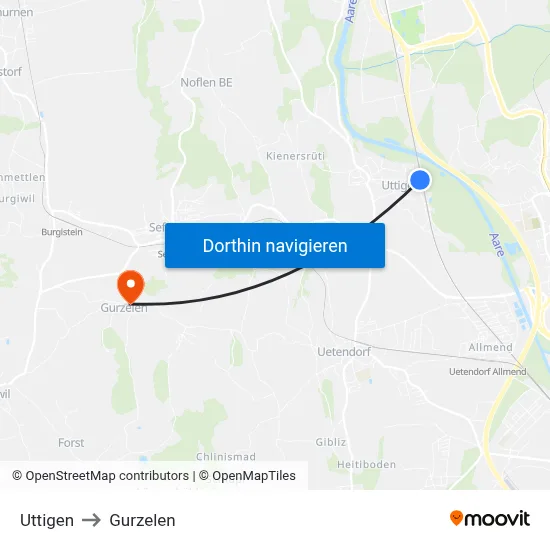 Uttigen to Gurzelen map