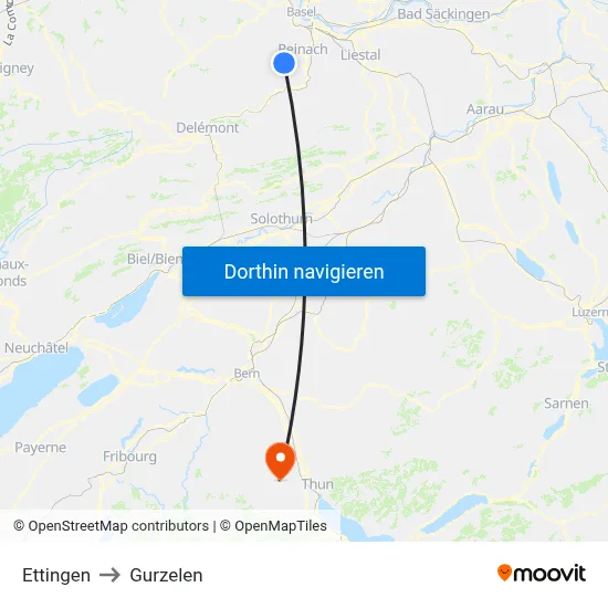 Ettingen to Gurzelen map