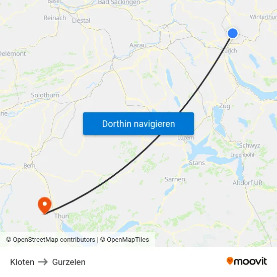 Kloten to Gurzelen map