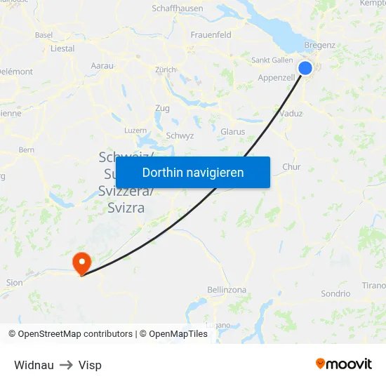 Widnau to Visp map