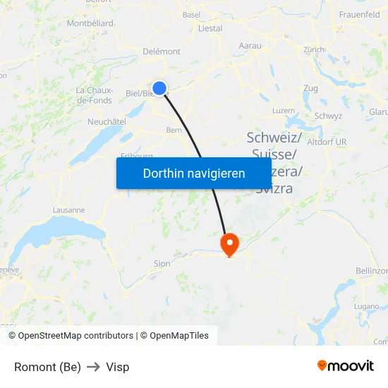 Romont (Be) to Visp map