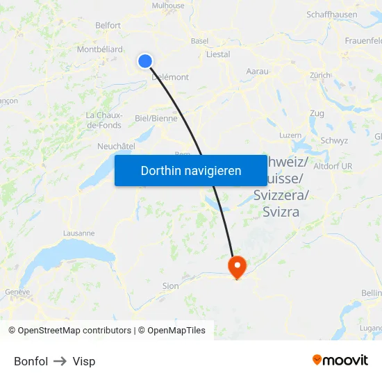 Bonfol to Visp map