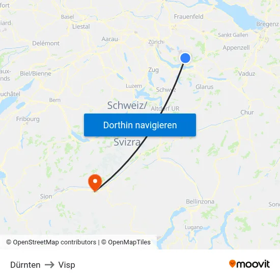 Dürnten to Visp map