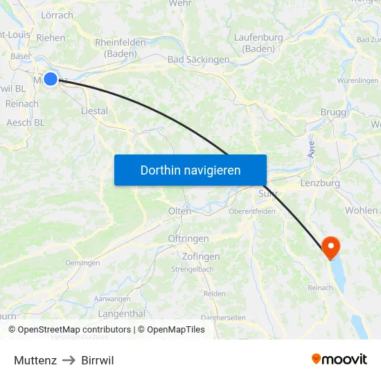Muttenz to Birrwil map