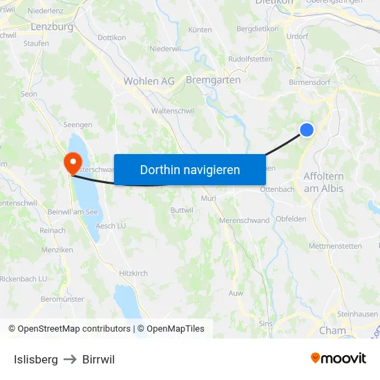 Islisberg to Birrwil map