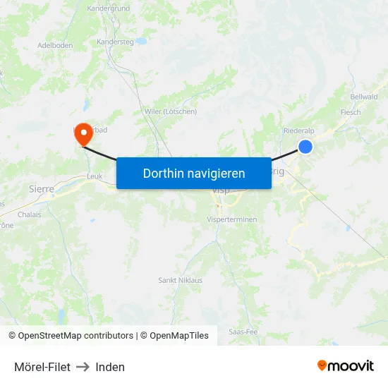 Mörel-Filet to Inden map