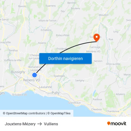 Jouxtens-Mézery to Vulliens map