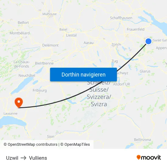 Uzwil to Vulliens map