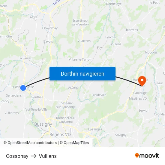 Cossonay to Vulliens map