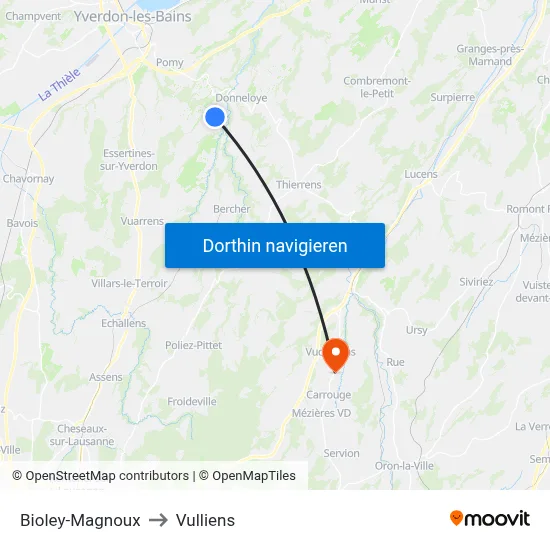 Bioley-Magnoux to Vulliens map