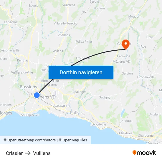 Crissier to Vulliens map
