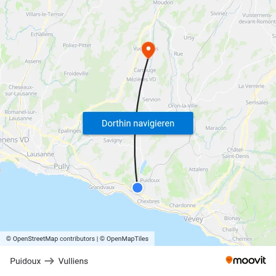 Puidoux to Vulliens map
