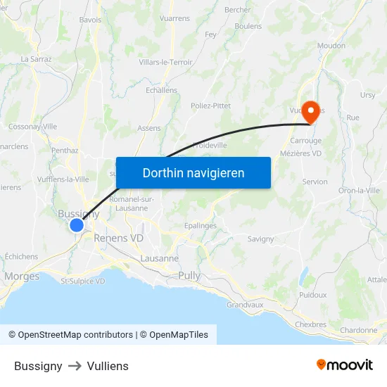 Bussigny to Vulliens map