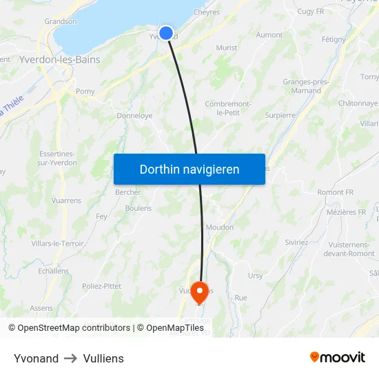 Yvonand to Vulliens map