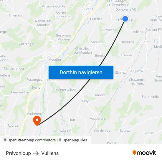 Prévonloup to Vulliens map