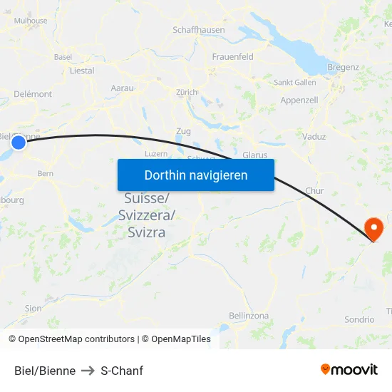 Biel/Bienne to S-Chanf map