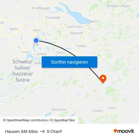 Hausen AM Albis to S-Chanf map