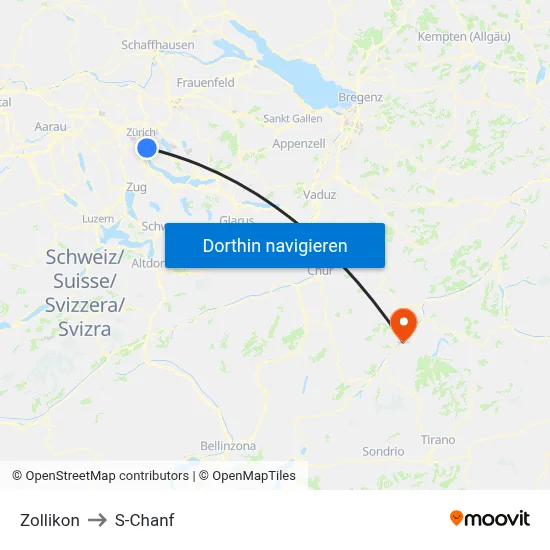 Zollikon to S-Chanf map