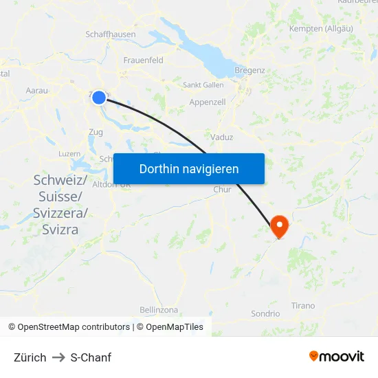 Zürich to S-Chanf map