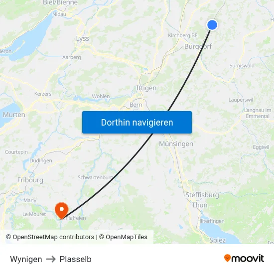 Wynigen to Plasselb map