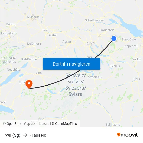 Wil (Sg) to Plasselb map