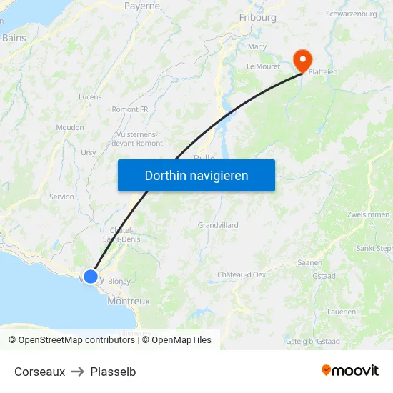 Corseaux to Plasselb map