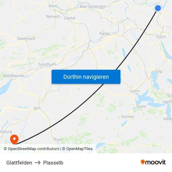 Glattfelden to Plasselb map