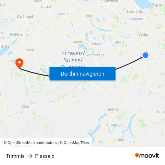 Trimmis to Plasselb map