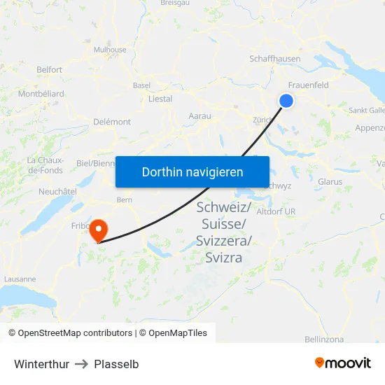 Winterthur to Plasselb map