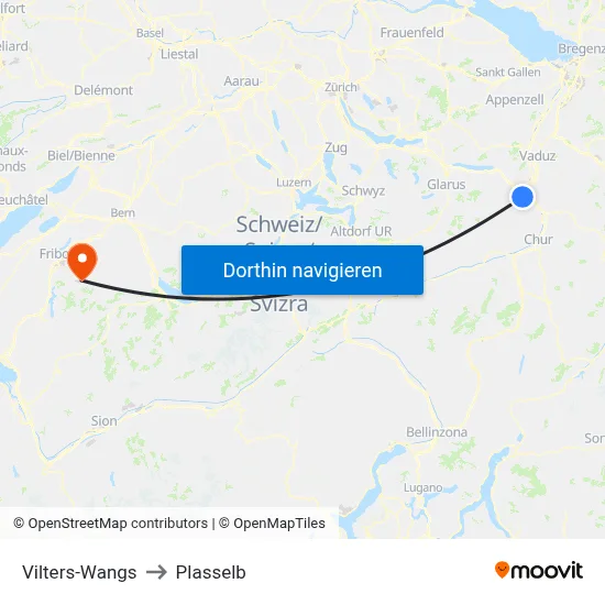 Vilters-Wangs to Plasselb map