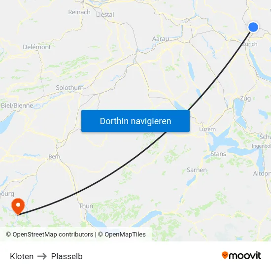 Kloten to Plasselb map