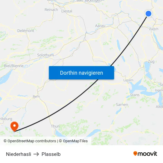 Niederhasli to Plasselb map