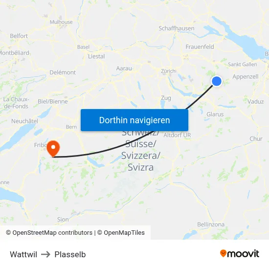 Wattwil to Plasselb map