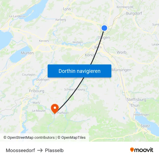 Moosseedorf to Plasselb map