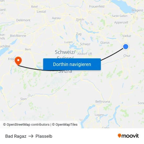 Bad Ragaz to Plasselb map
