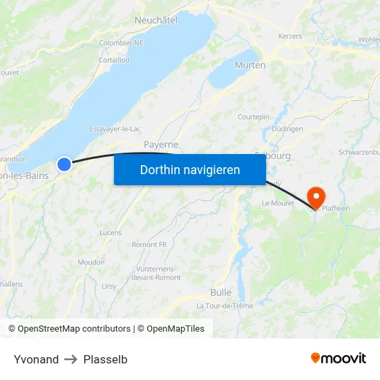 Yvonand to Plasselb map