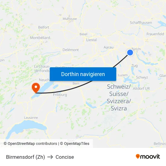 Birmensdorf (Zh) to Concise map