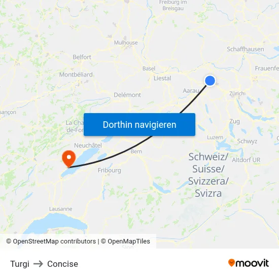 Turgi to Concise map