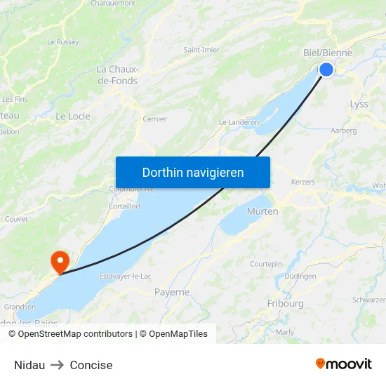 Nidau to Concise map