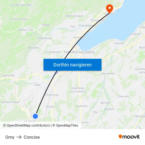 Orny to Concise map