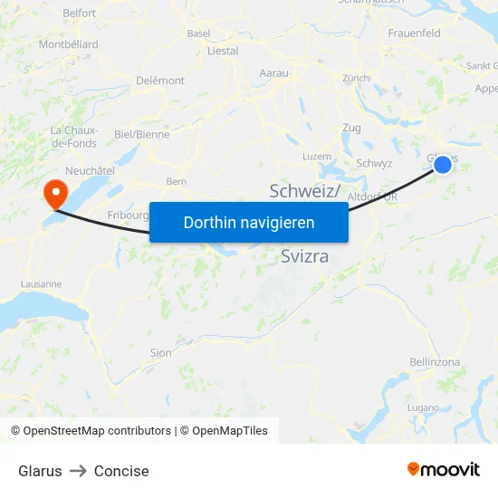 Glarus to Concise map