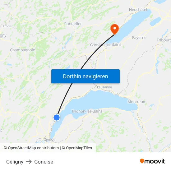 Céligny to Concise map