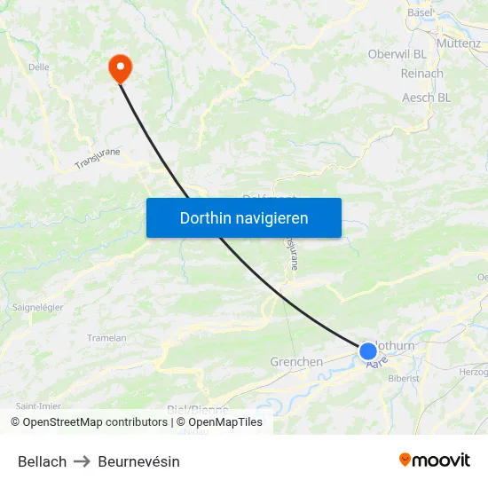 Bellach to Beurnevésin map
