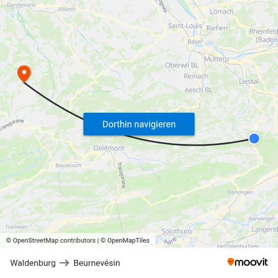 Waldenburg to Beurnevésin map
