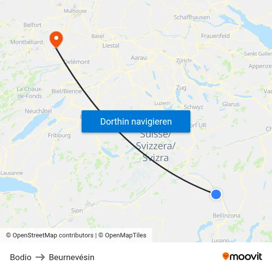 Bodio to Beurnevésin map