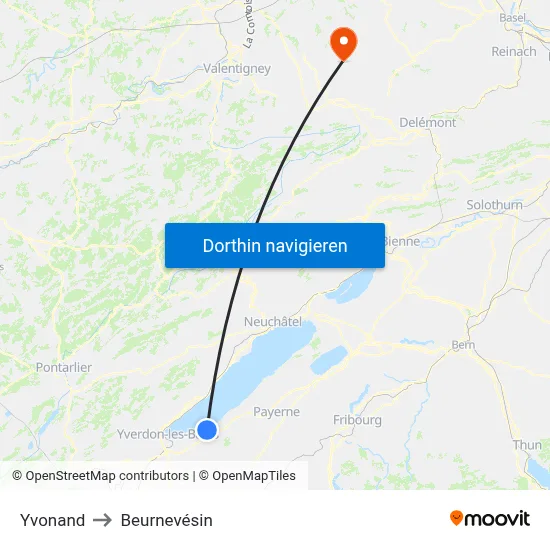 Yvonand to Beurnevésin map
