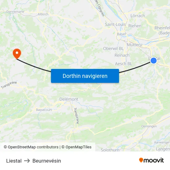 Liestal to Beurnevésin map