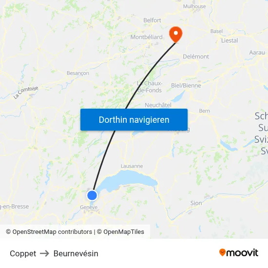Coppet to Beurnevésin map