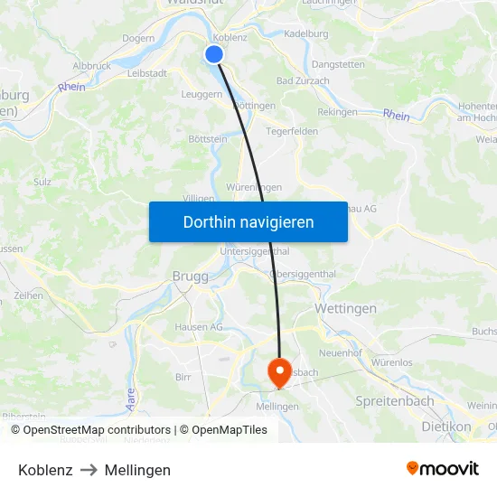 Koblenz to Mellingen map